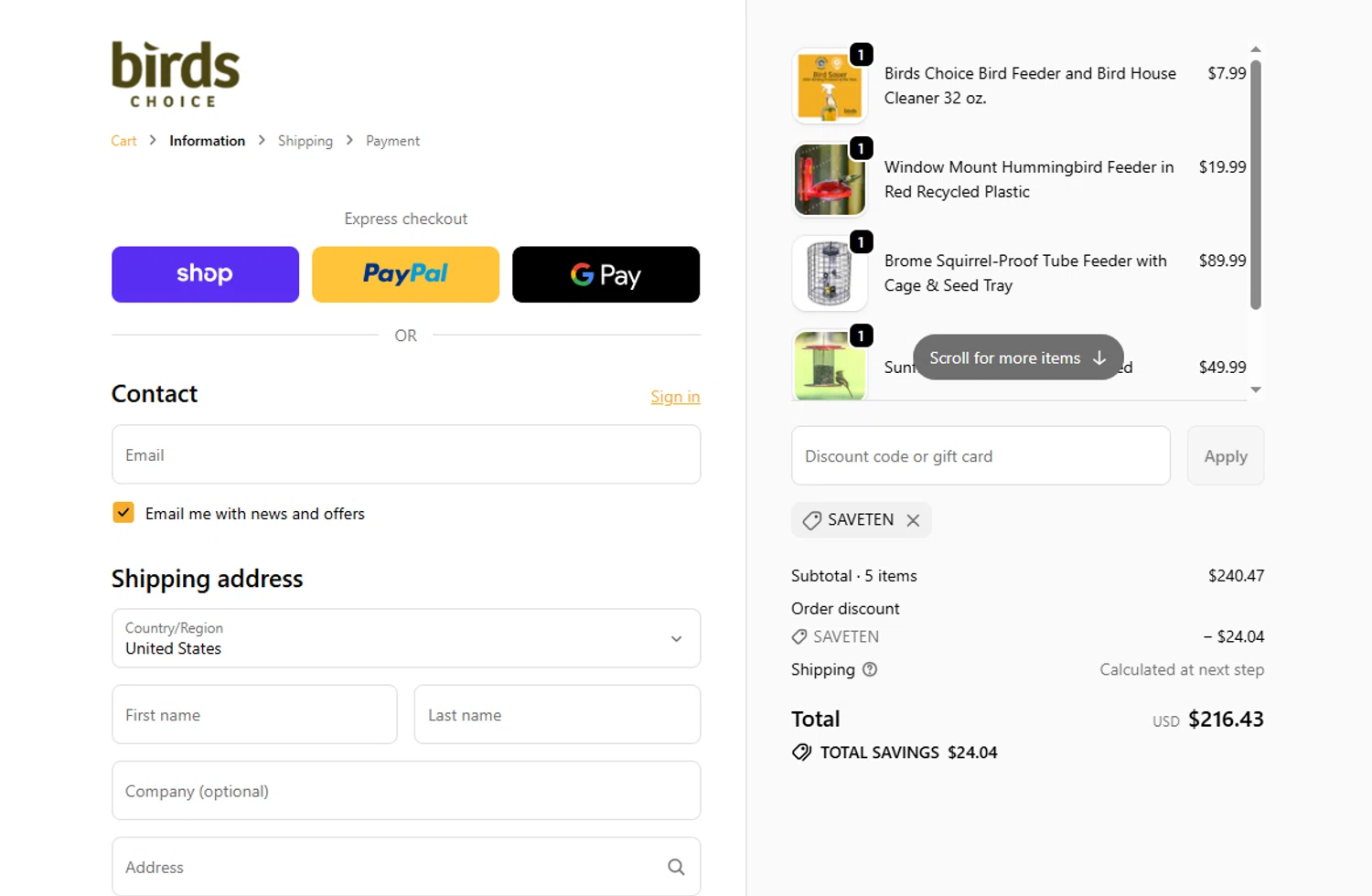 Birds Choice discount code screenshot showing code SAVETEN applied at Birds Choice checkout page. Uploaded by SimplyCodes community member ExtraordinarySeeker9807 on Nov 24, 2025