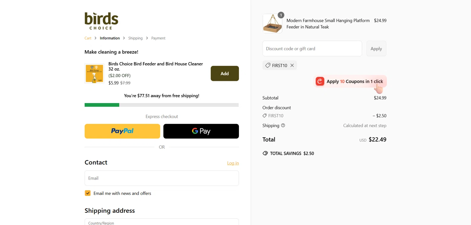 Birds Choice discount code screenshot showing code FIRST10 applied at Birds Choice checkout page. Uploaded by SimplyCodes community member Dorothy on Jun 26, 2025