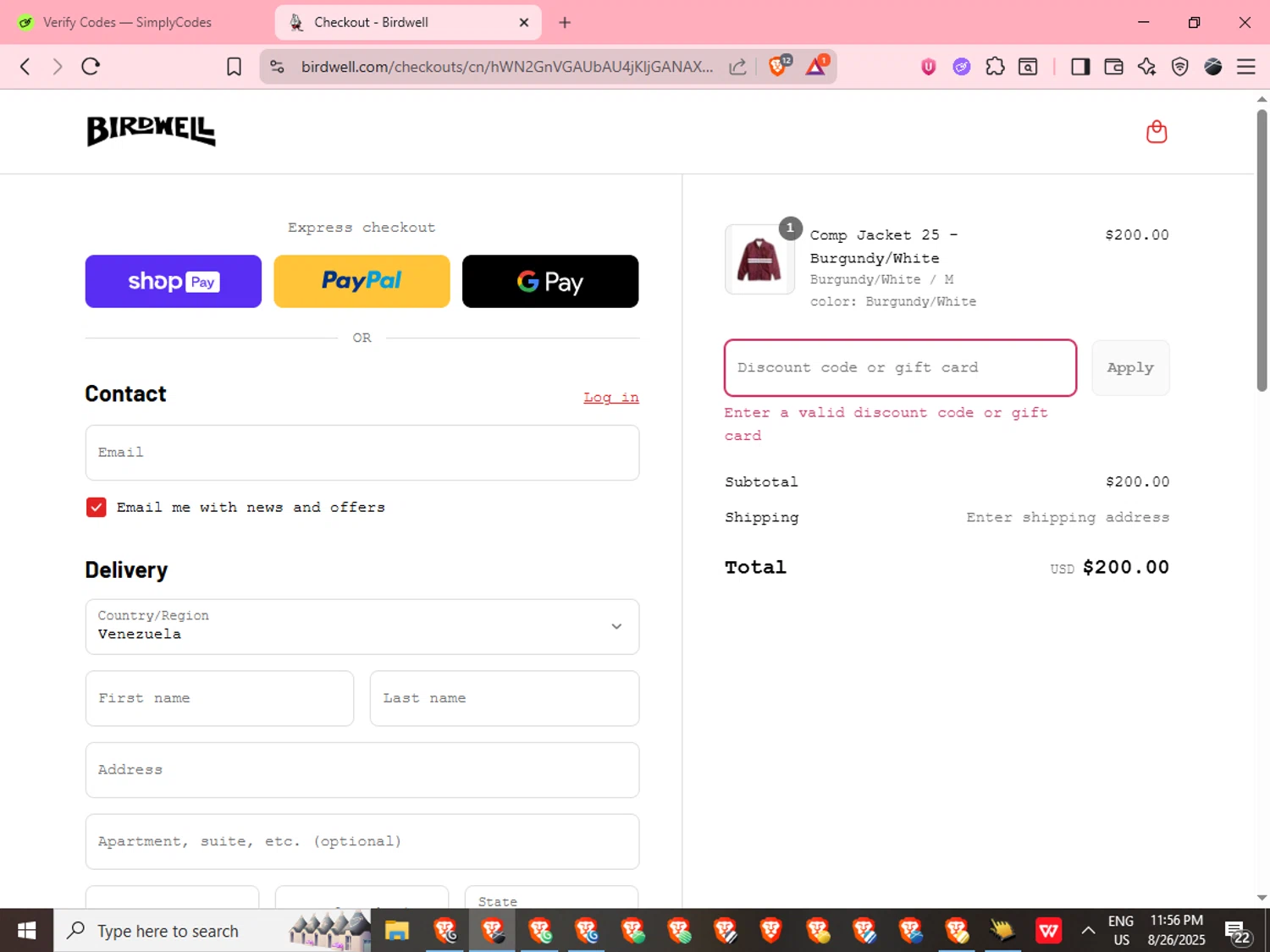 Birdwell Beach Britches promo code screenshot showing code HOA25 applied at Birdwell Beach Britches checkout page. Uploaded by SimplyCodes community member MoneyFinder955 on Aug 27, 2025