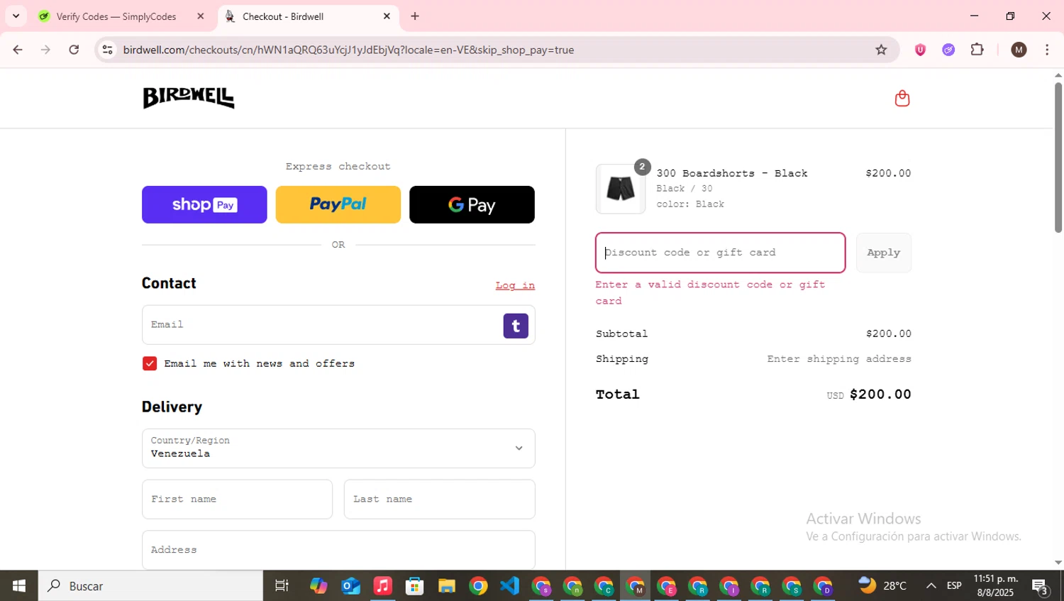 Birdwell Beach Britches promo code screenshot showing code BIRDSEYE applied at Birdwell Beach Britches checkout page. Uploaded by SimplyCodes community member WonderWizard9060 on Aug 9, 2025