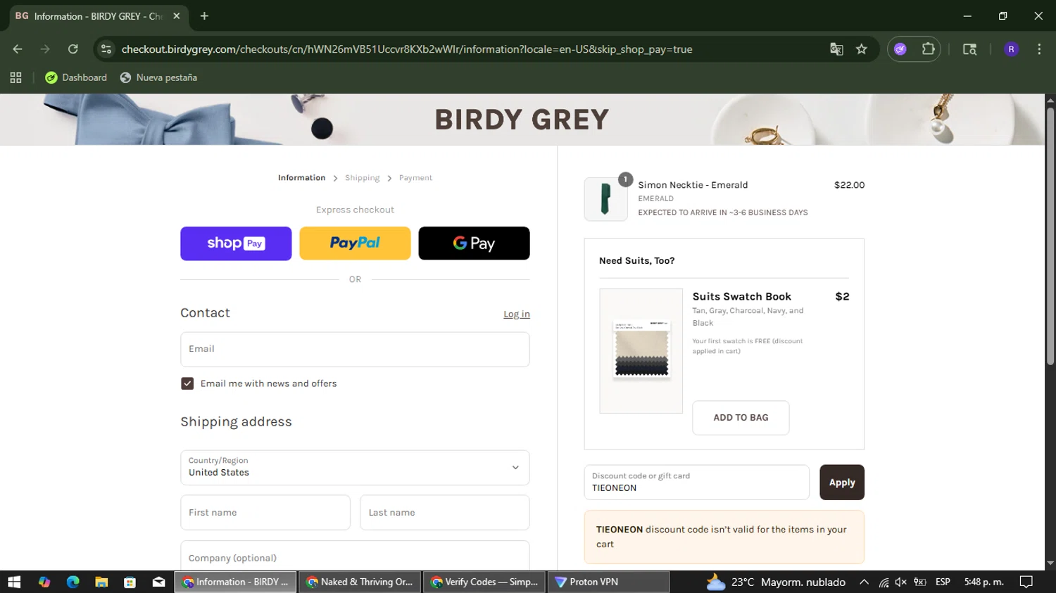 Birdy Grey discount code screenshot showing code TIEONEON applied at Birdy Grey checkout page. Uploaded by SimplyCodes community member Mykeusername on Aug 22, 2025
