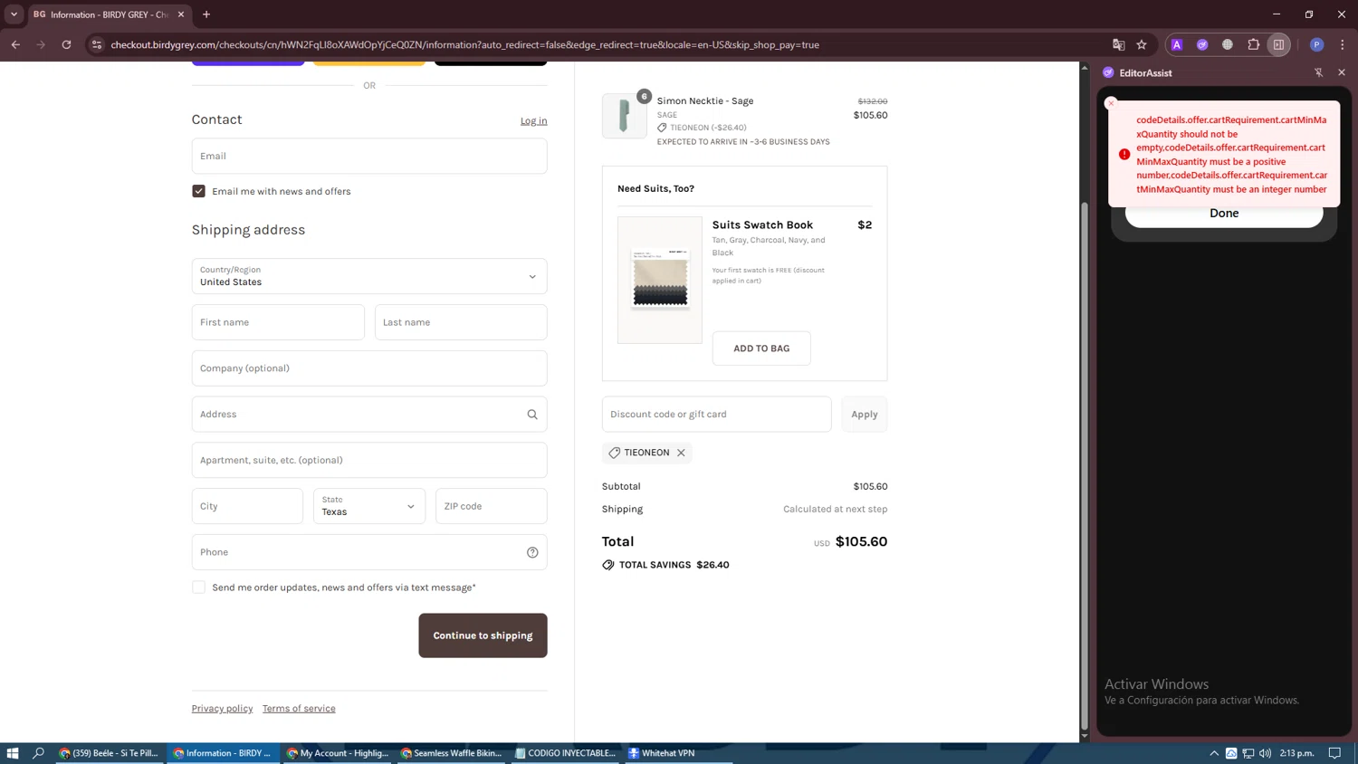 Birdy Grey discount code screenshot showing code TIEONEON applied at Birdy Grey checkout page. Uploaded by SimplyCodes community member SavvyKnight6239 on Aug 26, 2025