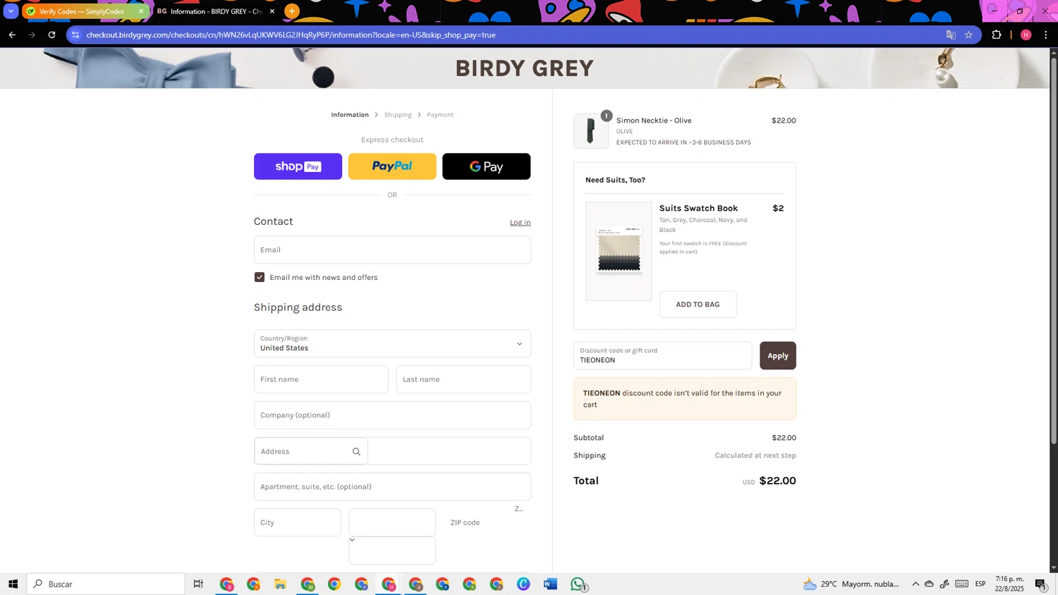 Birdy Grey discount code screenshot showing code TIEONEON applied at Birdy Grey checkout page. Uploaded by SimplyCodes community member TokenSleuth5758 on Aug 22, 2025