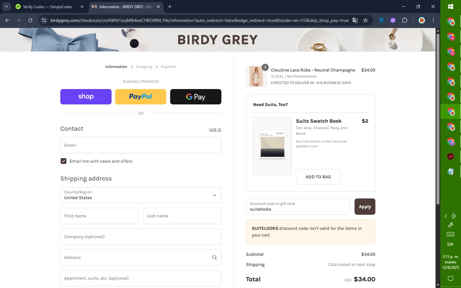 Birdy Grey discount code screenshot showing code suitelooks applied at Birdy Grey checkout page. Uploaded by SimplyCodes community member GoldPilot5958 on Aug 12, 2025