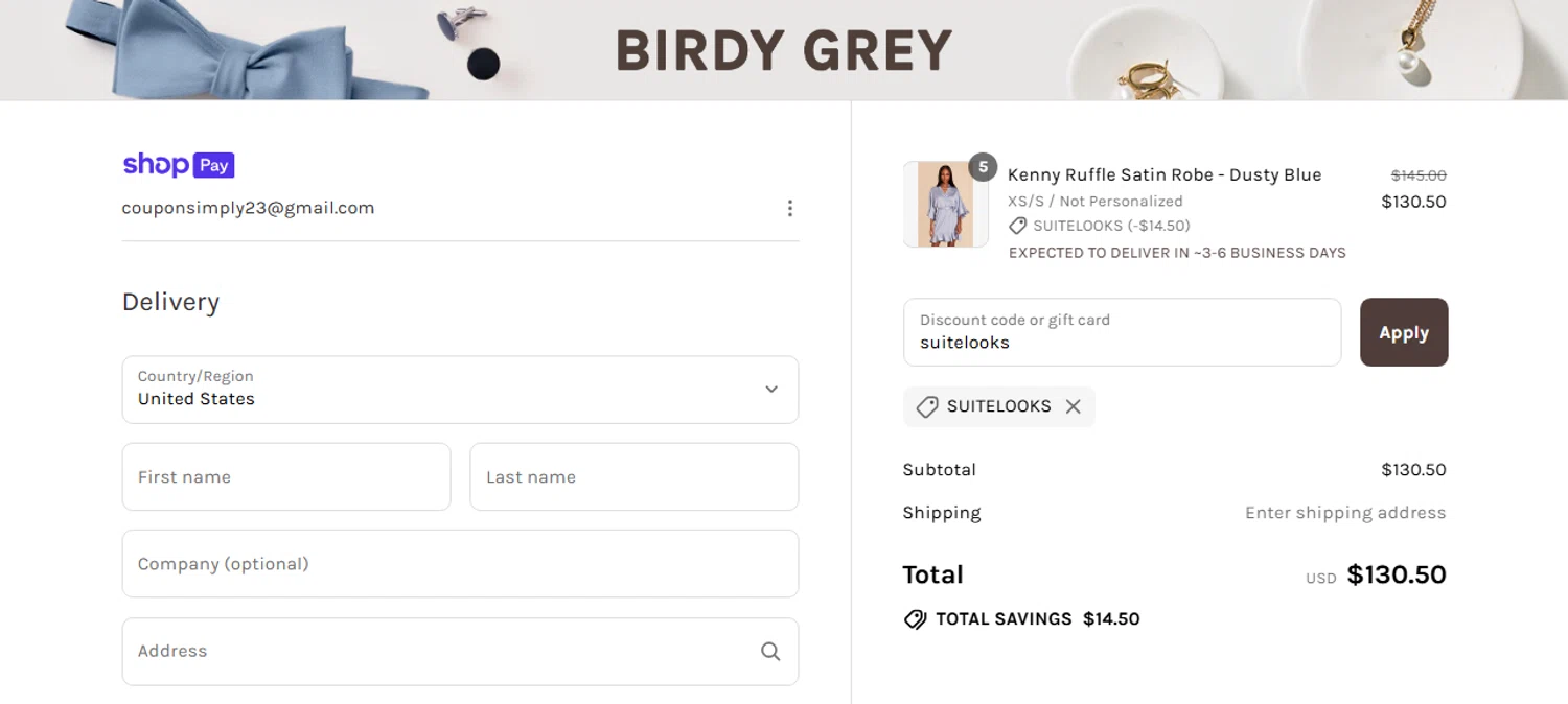 Birdy Grey discount code screenshot showing code suitelooks applied at Birdy Grey checkout page. Uploaded by SimplyCodes community member IsabellaMillan on Jul 12, 2025