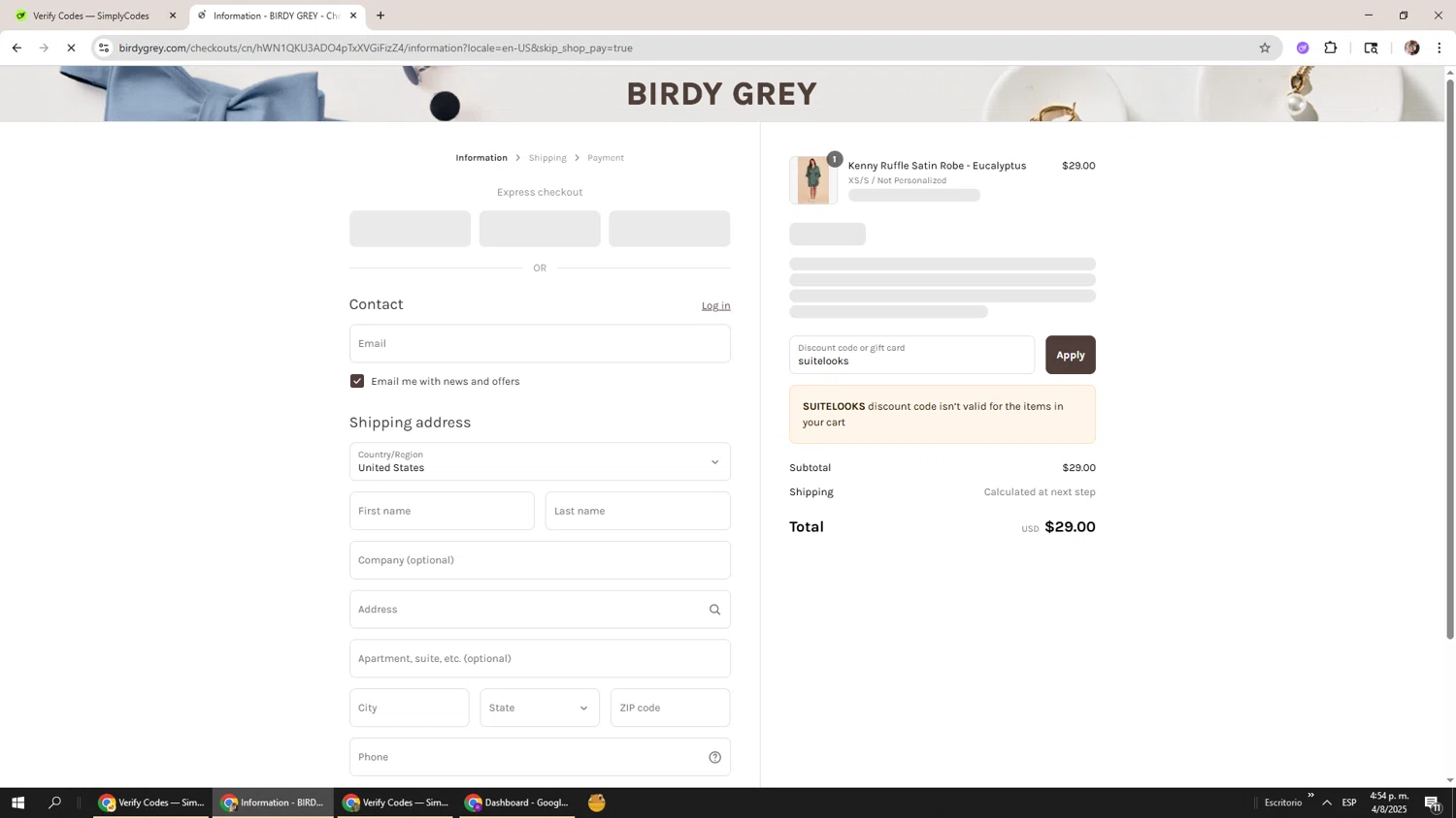 Birdy Grey discount code screenshot showing code suitelooks applied at Birdy Grey checkout page. Uploaded by SimplyCodes community member Levi_Ackerman on Aug 4, 2025
