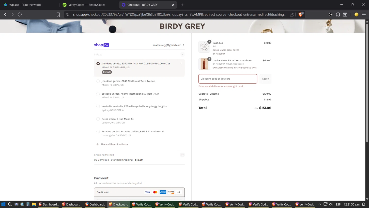 Birdy Grey discount code screenshot showing code ALMOSTG24W29LN applied at Birdy Grey checkout page. Uploaded by SimplyCodes community member ZoilaPerrita on Aug 27, 2025