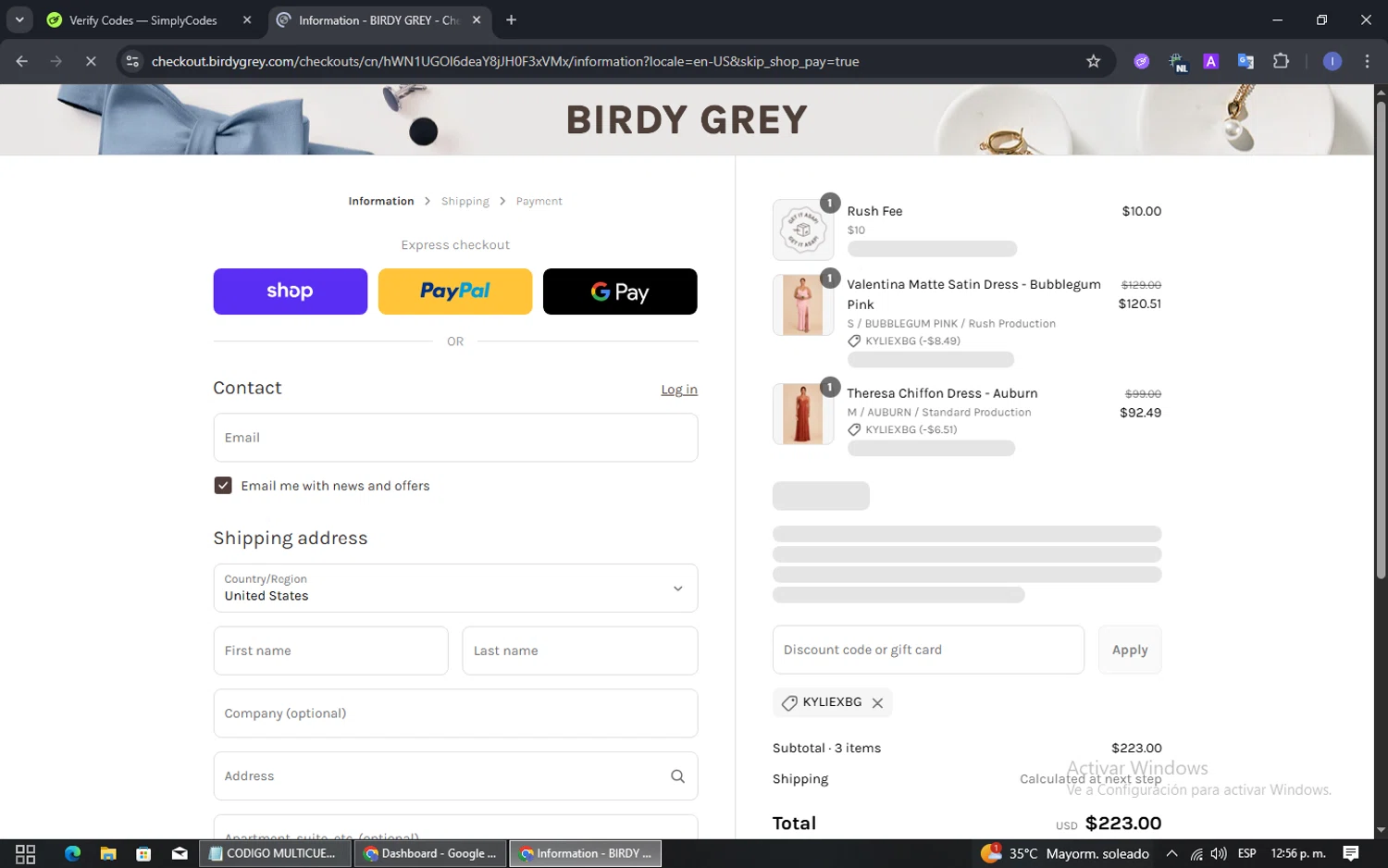 Birdy Grey discount code screenshot showing code KyliexBG applied at Birdy Grey checkout page. Uploaded by SimplyCodes community member DennyG on Aug 29, 2025