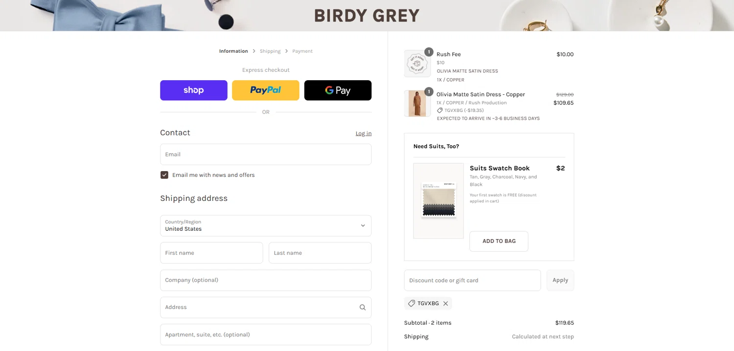 Birdy Grey discount code screenshot showing code TGVxBG applied at Birdy Grey checkout page. Uploaded by SimplyCodes community member Dorothy on Aug 28, 2025