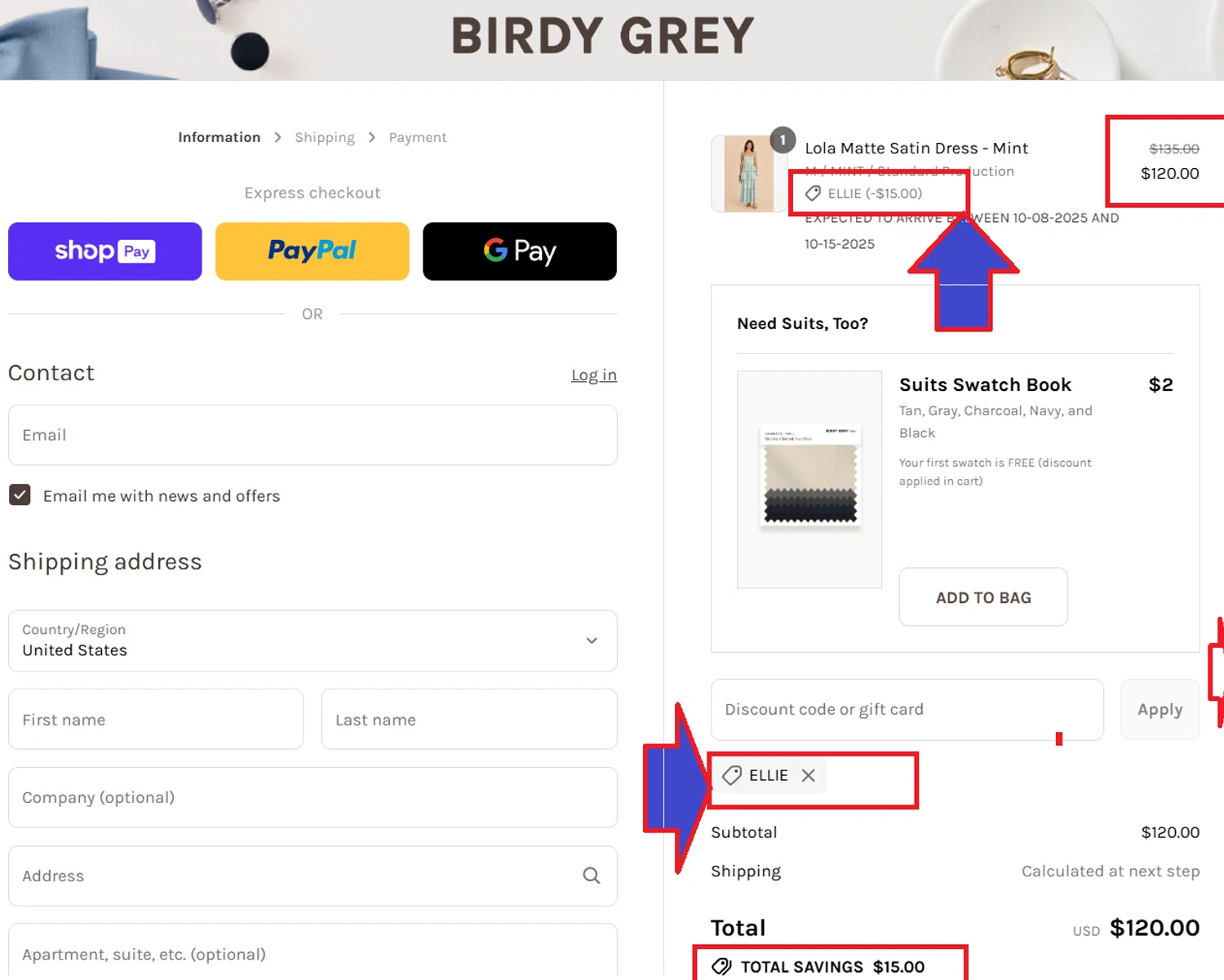 Birdy Grey discount code screenshot showing code ELLIE applied at Birdy Grey checkout page. Uploaded by SimplyCodes community member kattylar on Aug 27, 2025