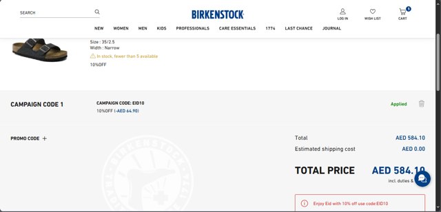 Birkenstock checkout page showing Birkenstock promo code box | Screenshot taken by SimplyCodes community member on Jun 4, 2025
