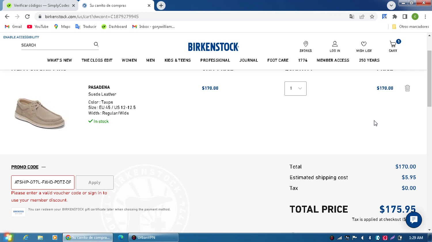 Birkenstock promo code screenshot showing code ATSHIP-G77L-FXHD-PDTZ-DP9V3 applied at Birkenstock checkout page. Uploaded by SimplyCodes community member MagnificentPilot8371 on Jun 17, 2025