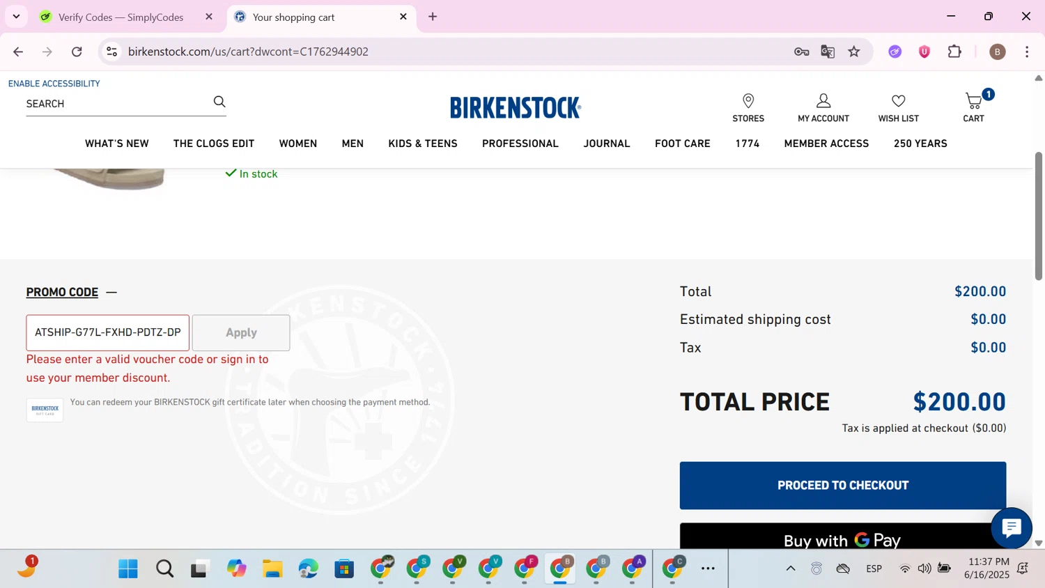 Birkenstock promo code screenshot showing code ATSHIP-G77L-FXHD-PDTZ-DP9V3 applied at Birkenstock checkout page. Uploaded by SimplyCodes community member RoyalAdmiral5416 on Jun 17, 2025