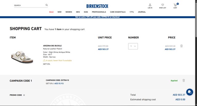 Birkenstock checkout page showing Birkenstock promo code box | Screenshot taken by SimplyCodes community member on Jul 21, 2025