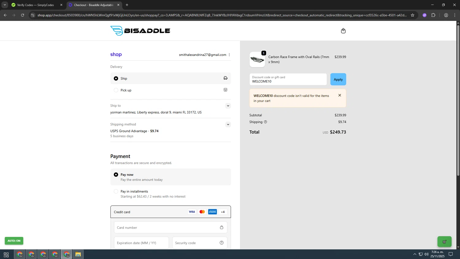 BiSaddle discount code screenshot showing code WELCOME10 applied at BiSaddle checkout page. Uploaded by SimplyCodes community member INSECTOS on Nov 25, 2025