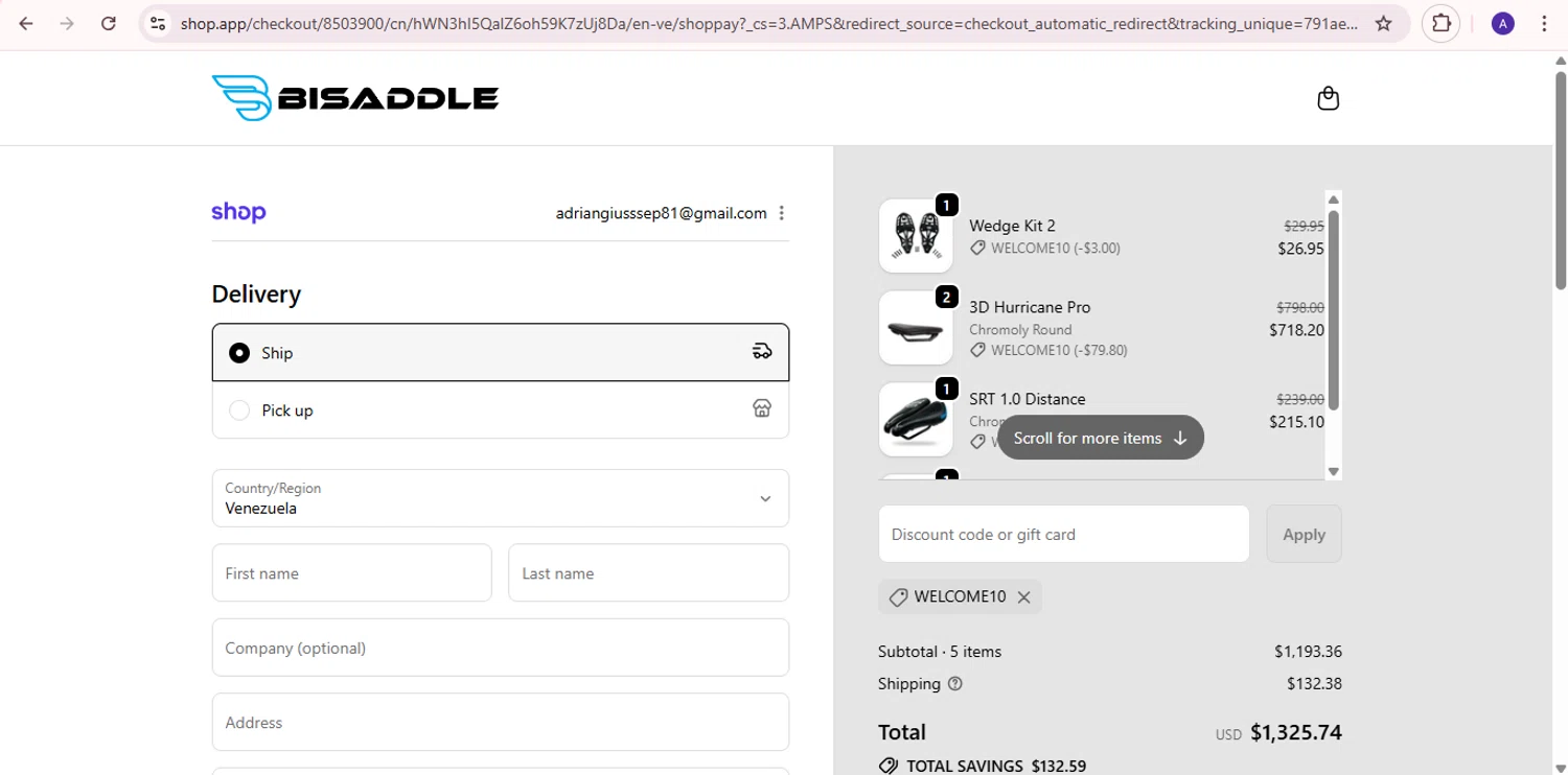 BiSaddle discount code screenshot showing code WELCOME10 applied at BiSaddle checkout page. Uploaded by SimplyCodes community member PromoExpert5262 on Oct 3, 2025