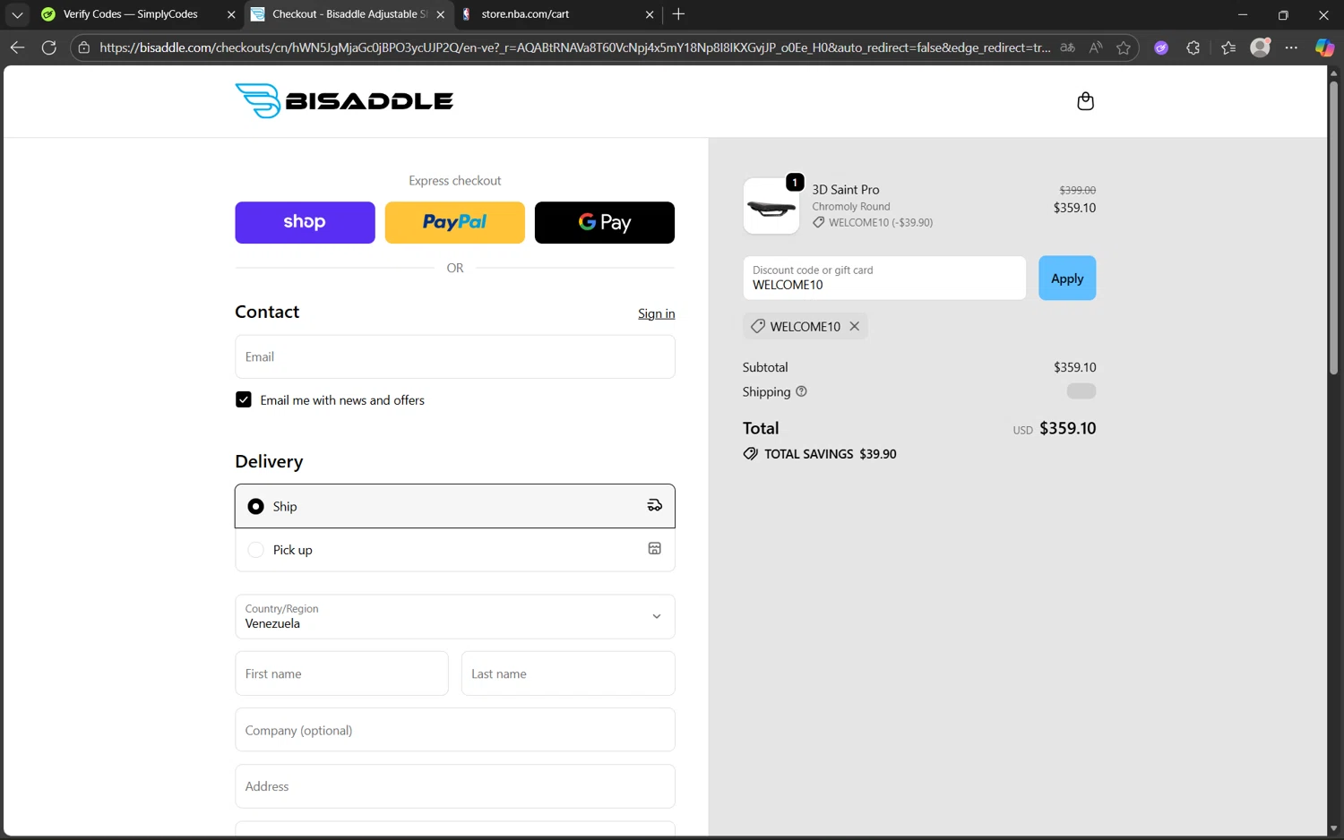 BiSaddle discount code screenshot showing code WELCOME10 applied at BiSaddle checkout page. Uploaded by SimplyCodes community member juanx1702 on Nov 15, 2025