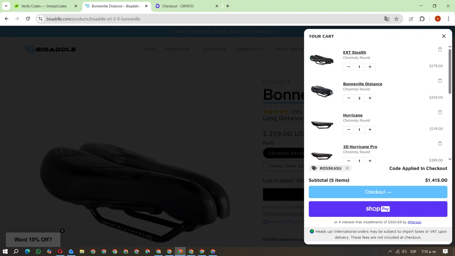 BiSaddle discount code screenshot showing code ROSSKASU applied at BiSaddle checkout page. Uploaded by SimplyCodes community member FundoKadmiel on Nov 7, 2025