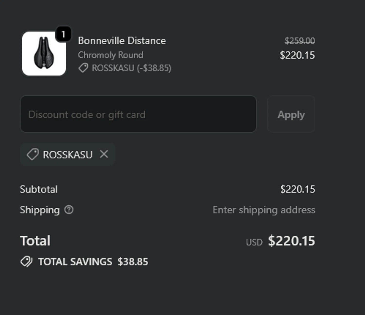 BiSaddle discount code screenshot showing code ROSSKASU applied at BiSaddle checkout page. Uploaded by SimplyCodes community member xocelot44x on Nov 25, 2025