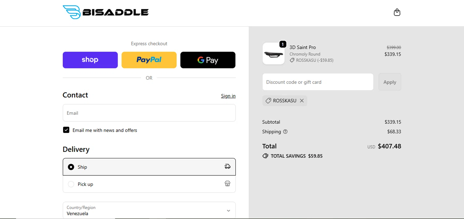 BiSaddle discount code screenshot showing code ROSSKASU applied at BiSaddle checkout page. Uploaded by SimplyCodes community member juanisaac on Oct 4, 2025