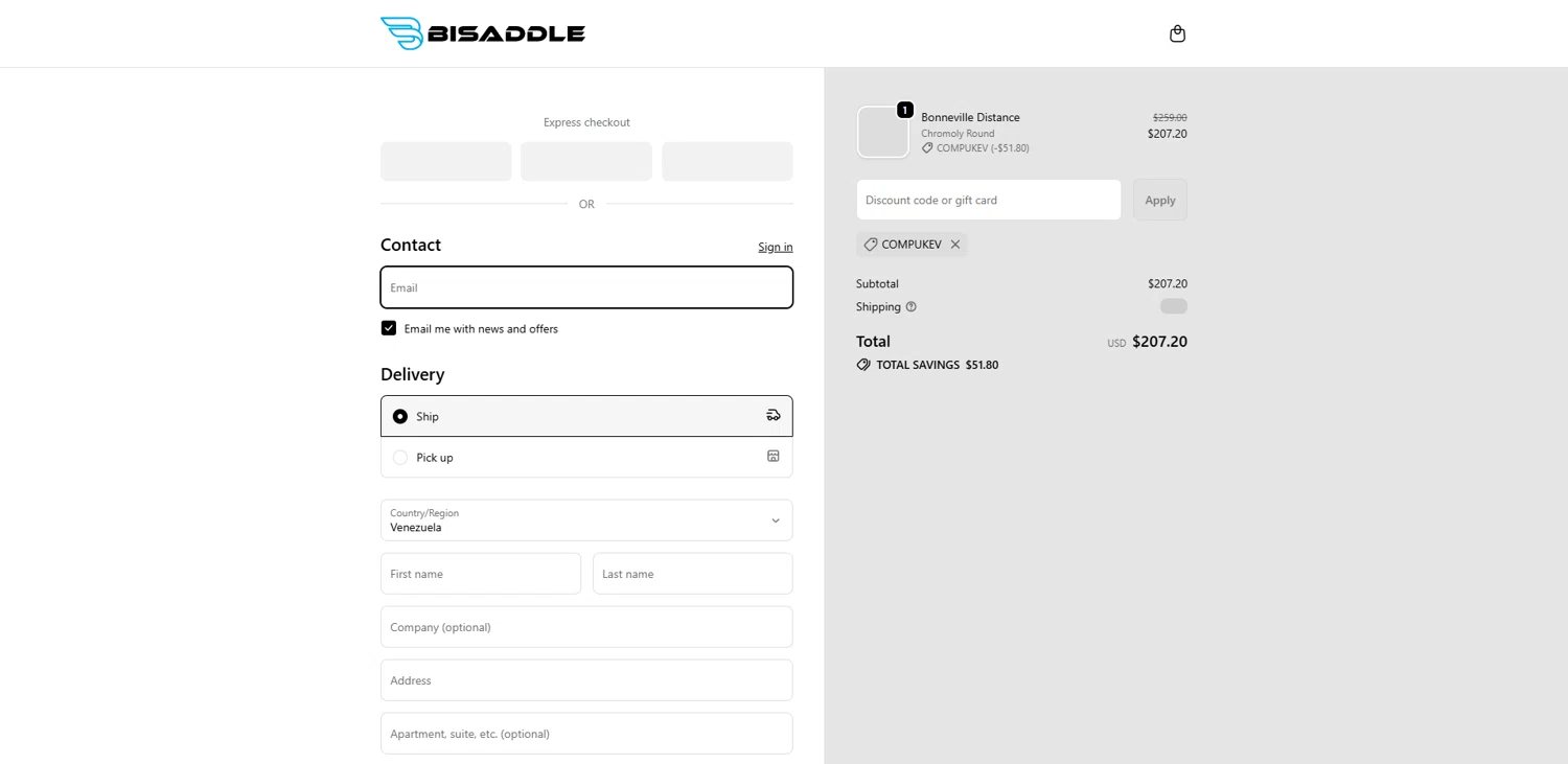 BiSaddle discount code screenshot showing code COMPUKEV applied at BiSaddle checkout page. Uploaded by SimplyCodes community member pabloprieto on Dec 27, 2025