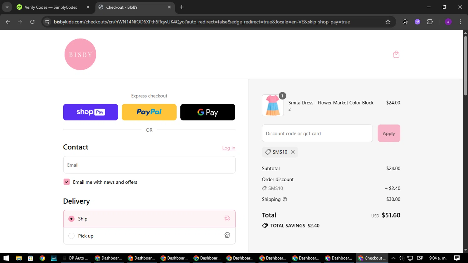 BISBY promo code screenshot showing code SMS10 applied at BISBY checkout page. Uploaded by SimplyCodes community member CoinElite8997 on Jul 26, 2025