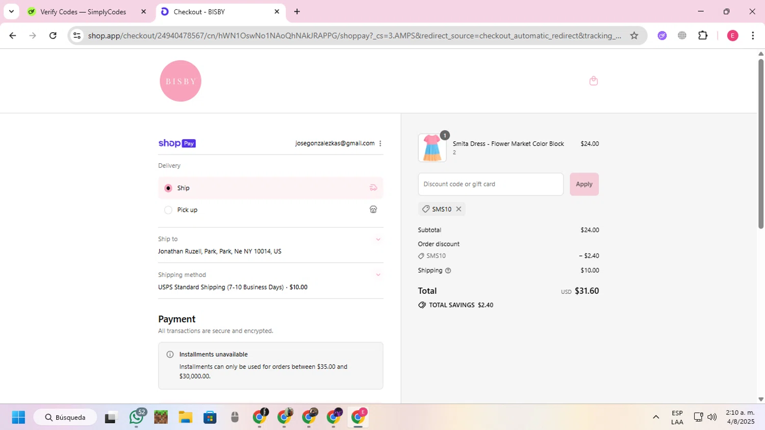 BISBY promo code screenshot showing code SMS10 applied at BISBY checkout page. Uploaded by SimplyCodes community member VoucherExpert2930 on Aug 4, 2025