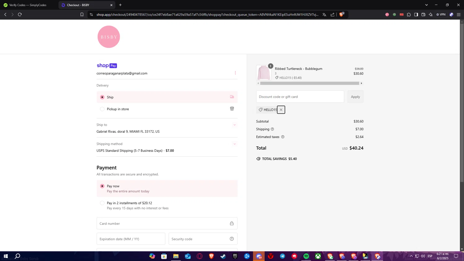BISBY promo code screenshot showing code HELLO15 applied at BISBY checkout page. Uploaded by SimplyCodes community member ElPelao on Feb 6, 2025