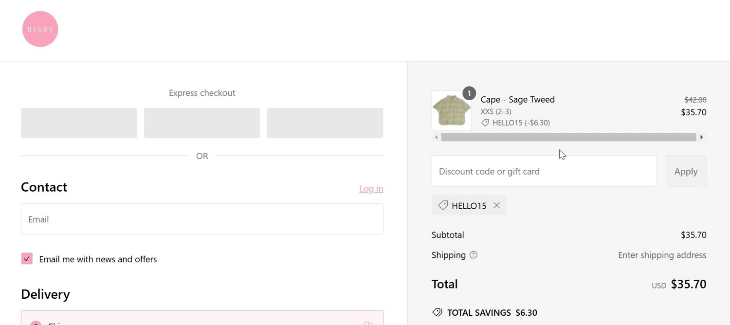 BISBY promo code screenshot showing code HELLO15 applied at BISBY checkout page. Uploaded by SimplyCodes community member JoseAldo on Feb 6, 2025