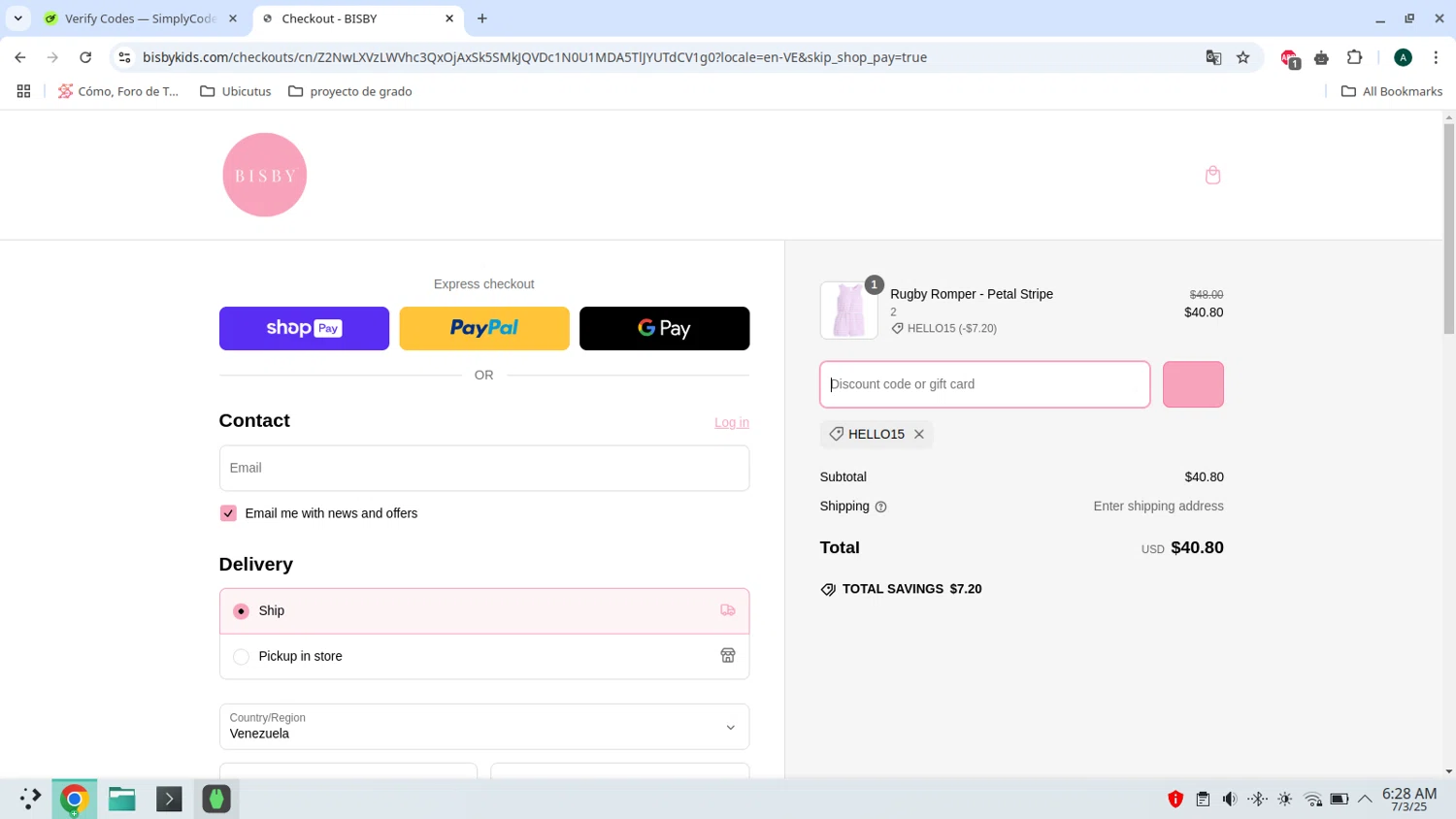 BISBY promo code screenshot showing code HELLO15 applied at BISBY checkout page. Uploaded by SimplyCodes community member admeneses on Mar 7, 2025