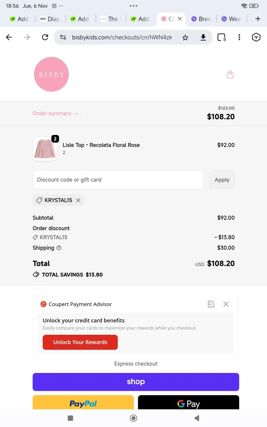 BISBY promo code screenshot showing code Krystal15 applied at BISBY checkout page. Uploaded by SimplyCodes community member KarinaHZ on Nov 6, 2025