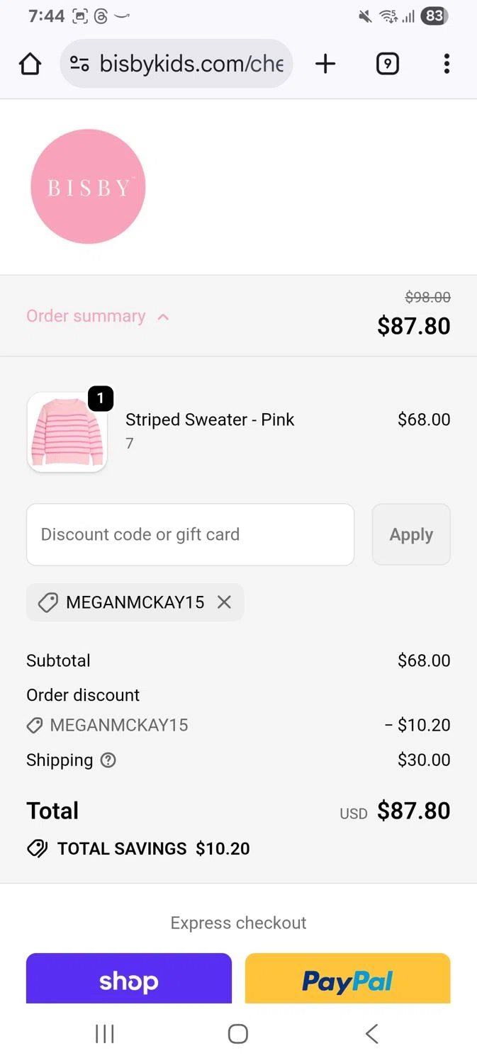 BISBY promo code screenshot showing code Meganmckay15 applied at BISBY checkout page. Uploaded by SimplyCodes community member KarinaHZ on Dec 15, 2025