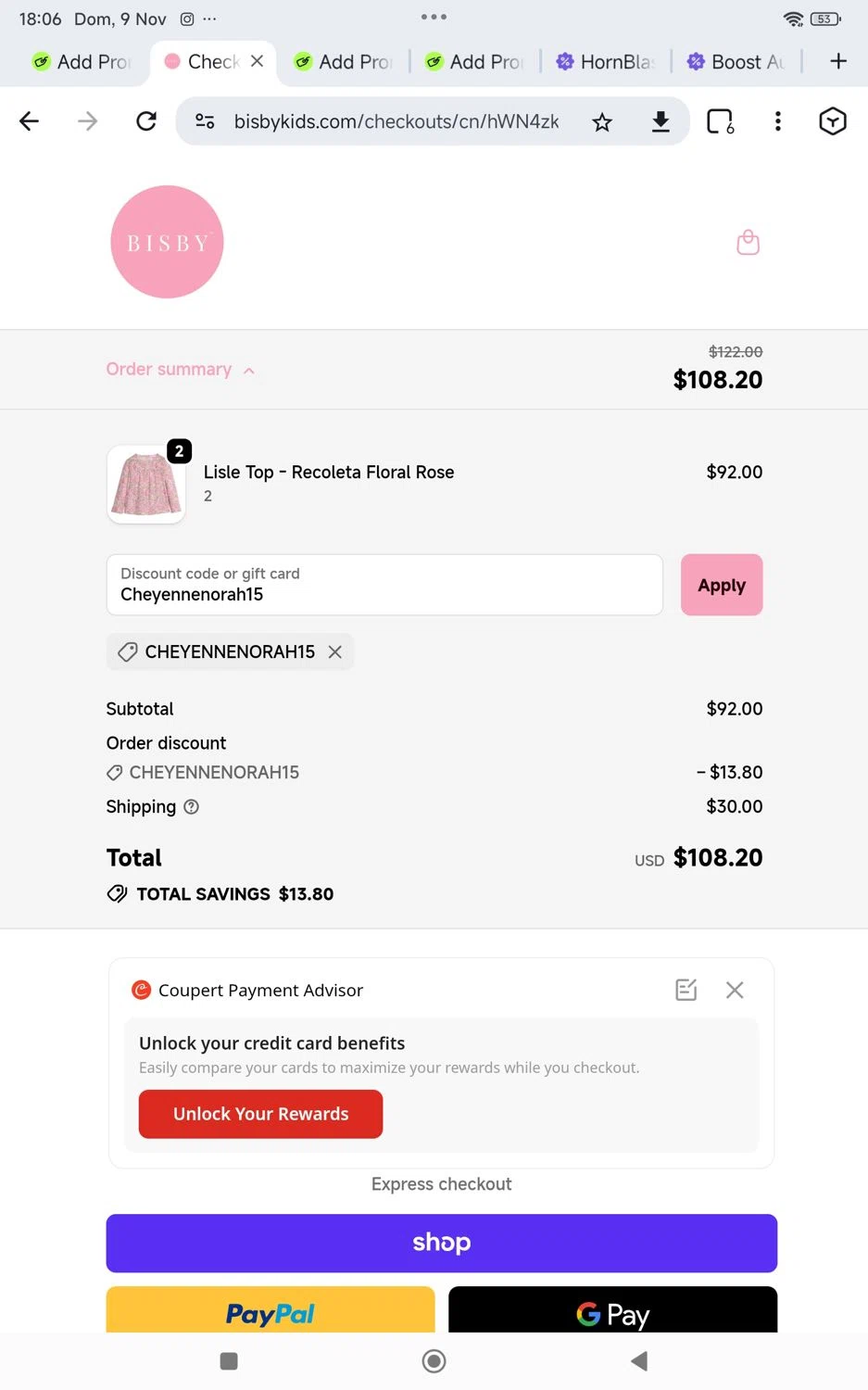 BISBY promo code screenshot showing code CHEYENNENORAH15 applied at BISBY checkout page. Uploaded by SimplyCodes community member KarinaHZ on Nov 9, 2025