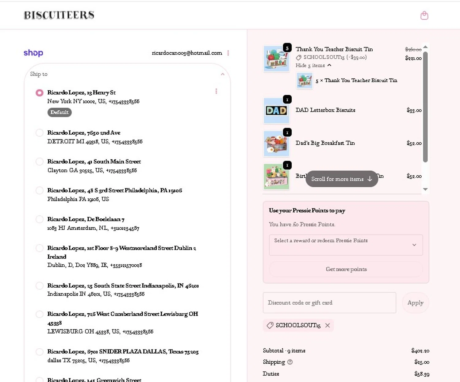 Biscuiteers promo code screenshot showing code SCHOOLSOUT15 applied at Biscuiteers checkout page. Uploaded by SimplyCodes community member LAMINEJAMAL on Jun 5, 2026