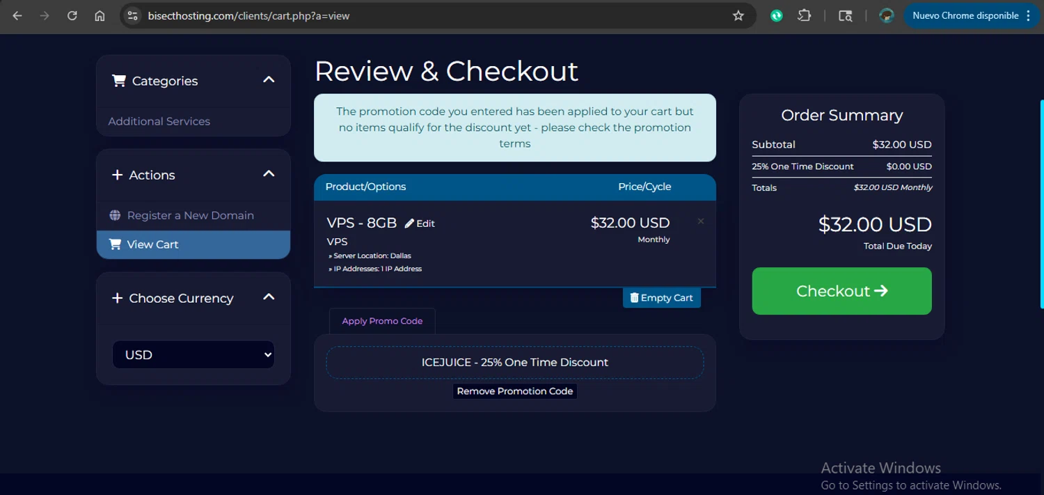 BisectHosting promo code screenshot showing code ICEJUICE applied at BisectHosting checkout page. Uploaded by SimplyCodes community member MariaCorinaMachado on Dec 10, 2025