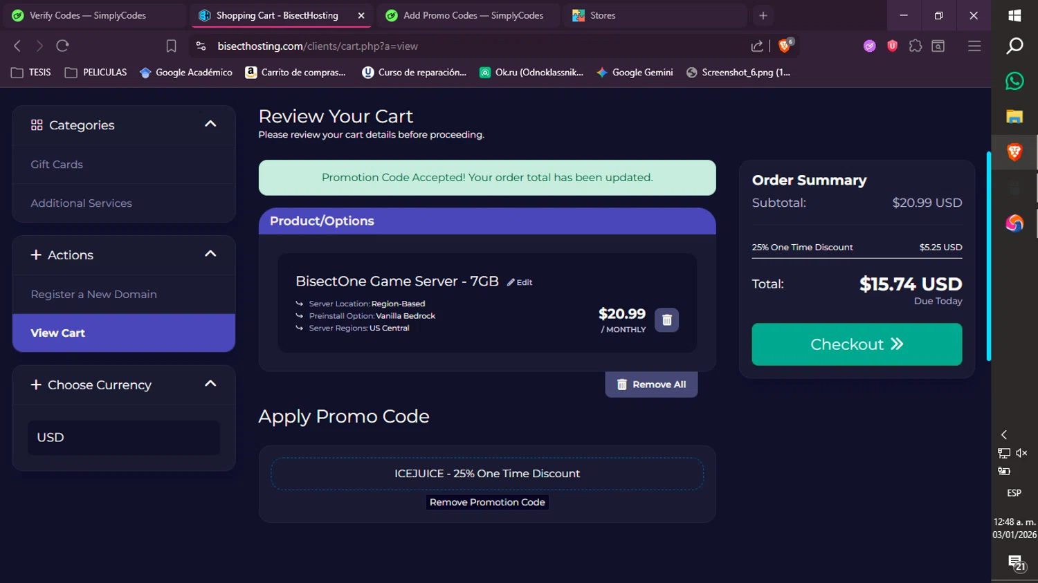 BisectHosting promo code screenshot showing code ICEJUICE applied at BisectHosting checkout page. Uploaded by SimplyCodes community member xXdevoragoticas69Xx on Jan 3, 2026