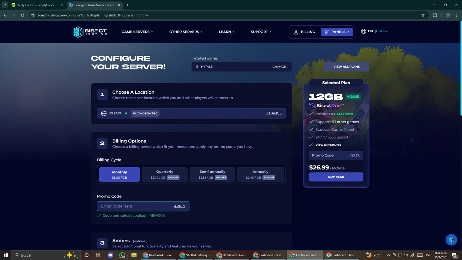 BisectHosting checkout page showing BisectHosting promo code box | Screenshot taken by SimplyCodes community member on Jan 26, 2026