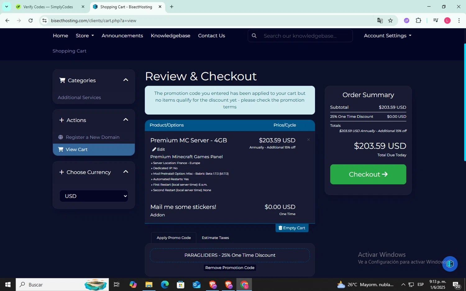 BisectHosting promo code screenshot showing code PARAGLIDERS applied at BisectHosting checkout page. Uploaded by SimplyCodes community member SilverFox3257 on Jun 2, 2025