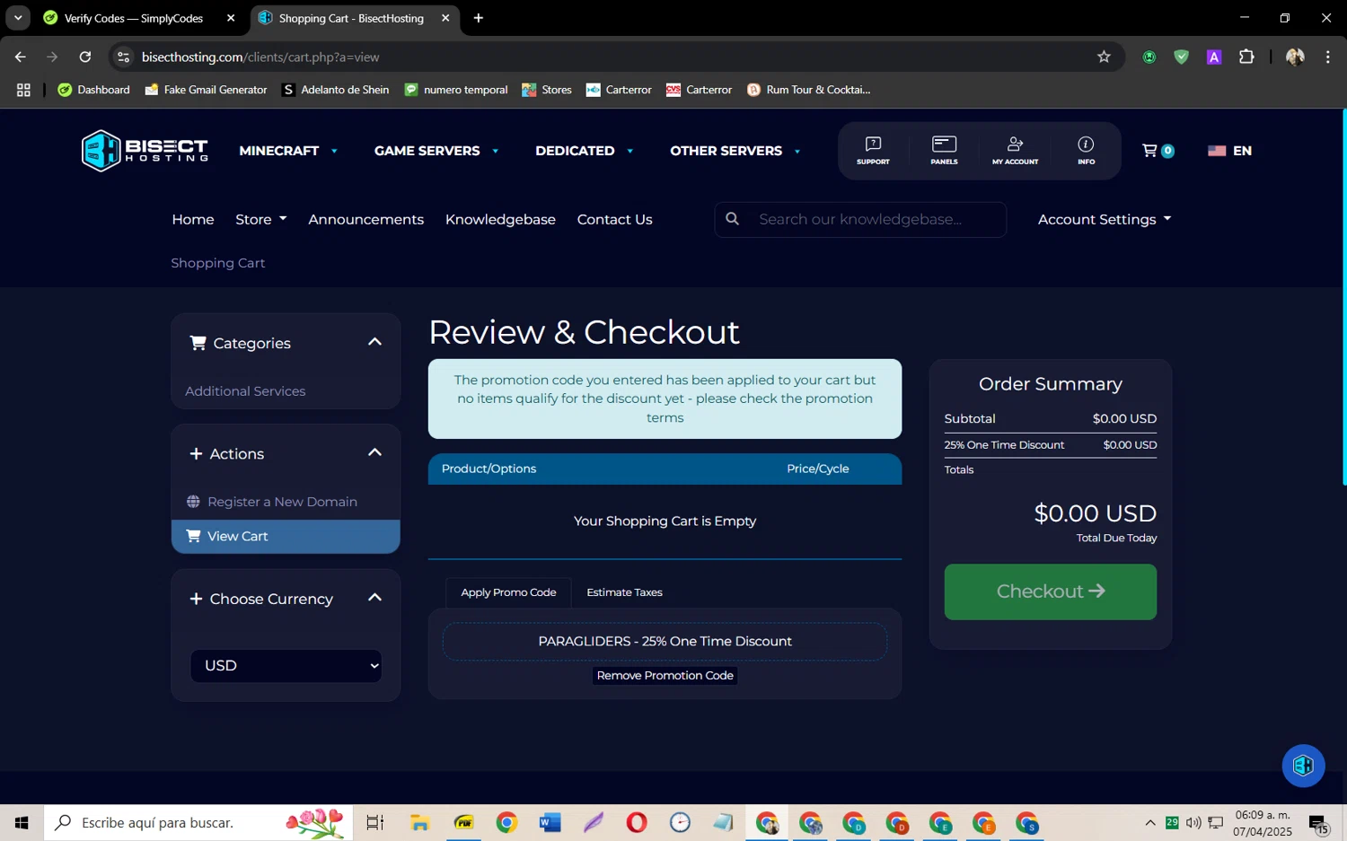 BisectHosting promo code screenshot showing code PARAGLIDERS applied at BisectHosting checkout page. Uploaded by SimplyCodes community member jeysosmoore on Apr 7, 2025