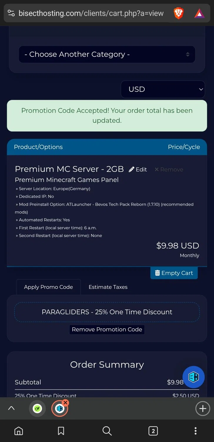 BisectHosting promo code screenshot showing code PARAGLIDERS applied at BisectHosting checkout page. Uploaded by SimplyCodes community member conorgrey on Apr 15, 2025