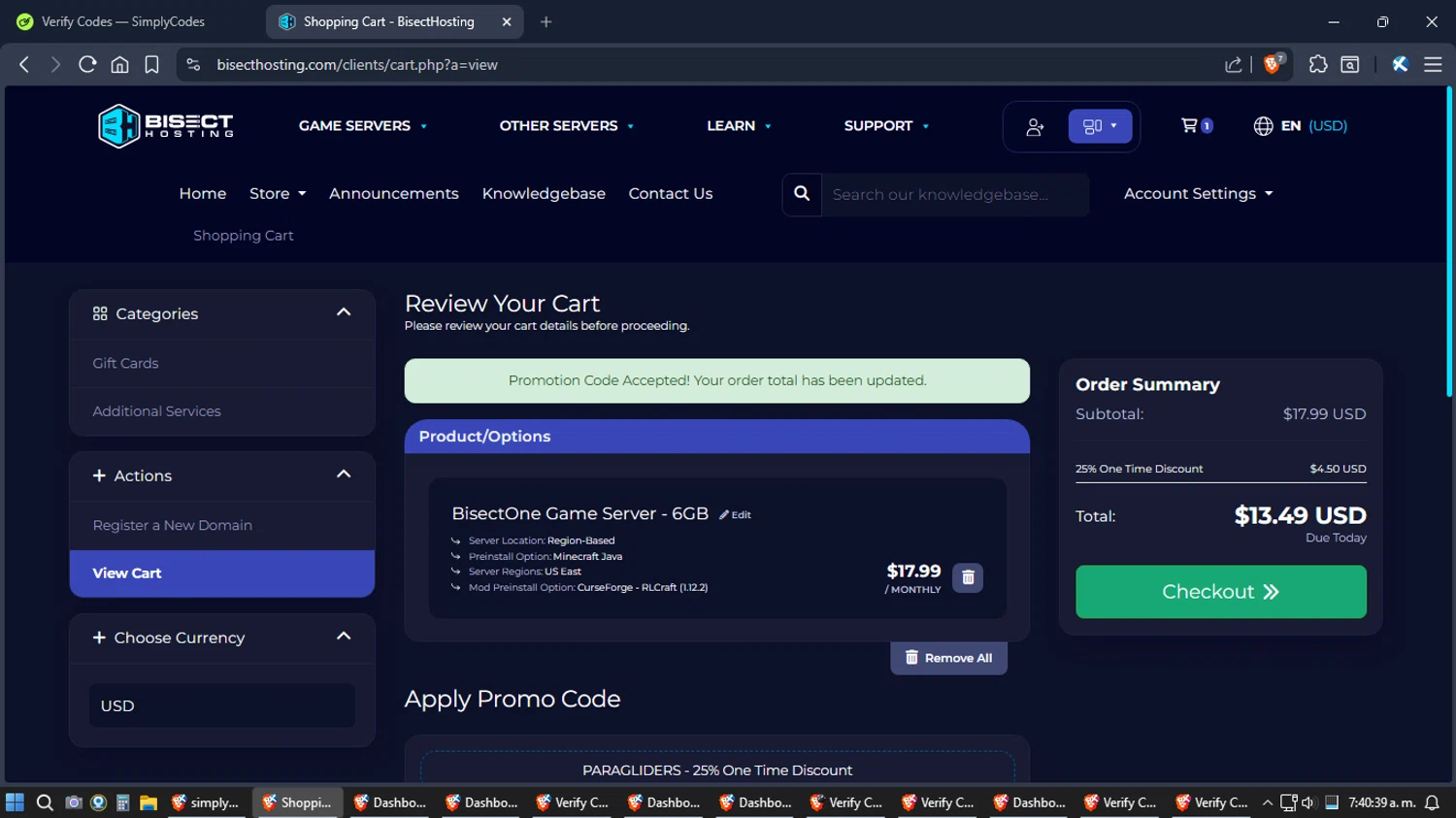BisectHosting checkout page showing BisectHosting promo code box | Screenshot taken by SimplyCodes community member on Feb 4, 2026