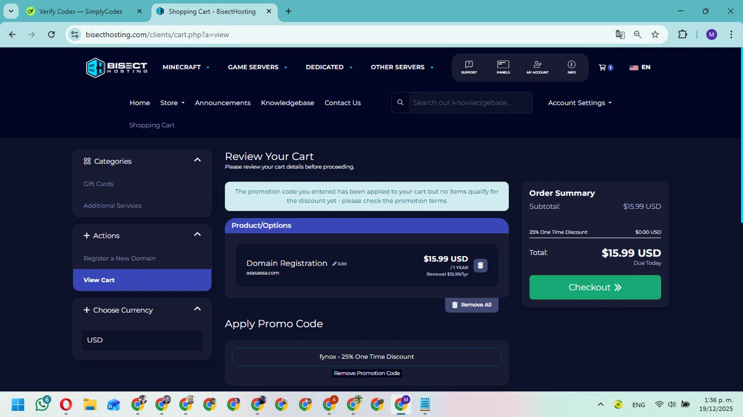 BisectHosting promo code screenshot showing code fynox applied at BisectHosting checkout page. Uploaded by SimplyCodes community member Fundolaroca on Dec 19, 2025