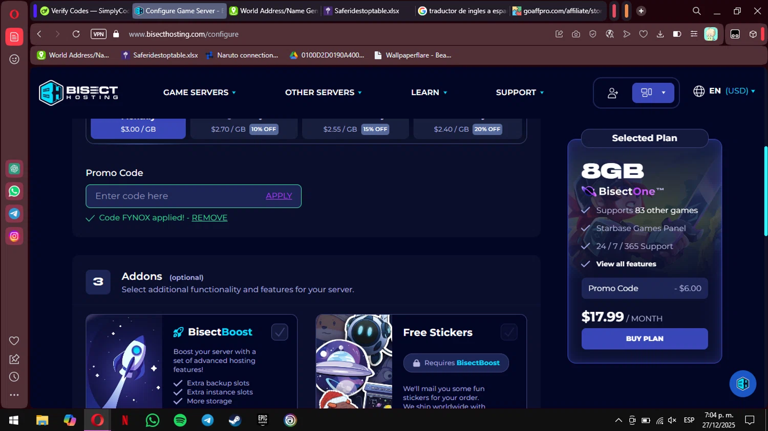 BisectHosting promo code screenshot showing code fynox applied at BisectHosting checkout page. Uploaded by SimplyCodes community member MimusukyNara on Dec 27, 2025
