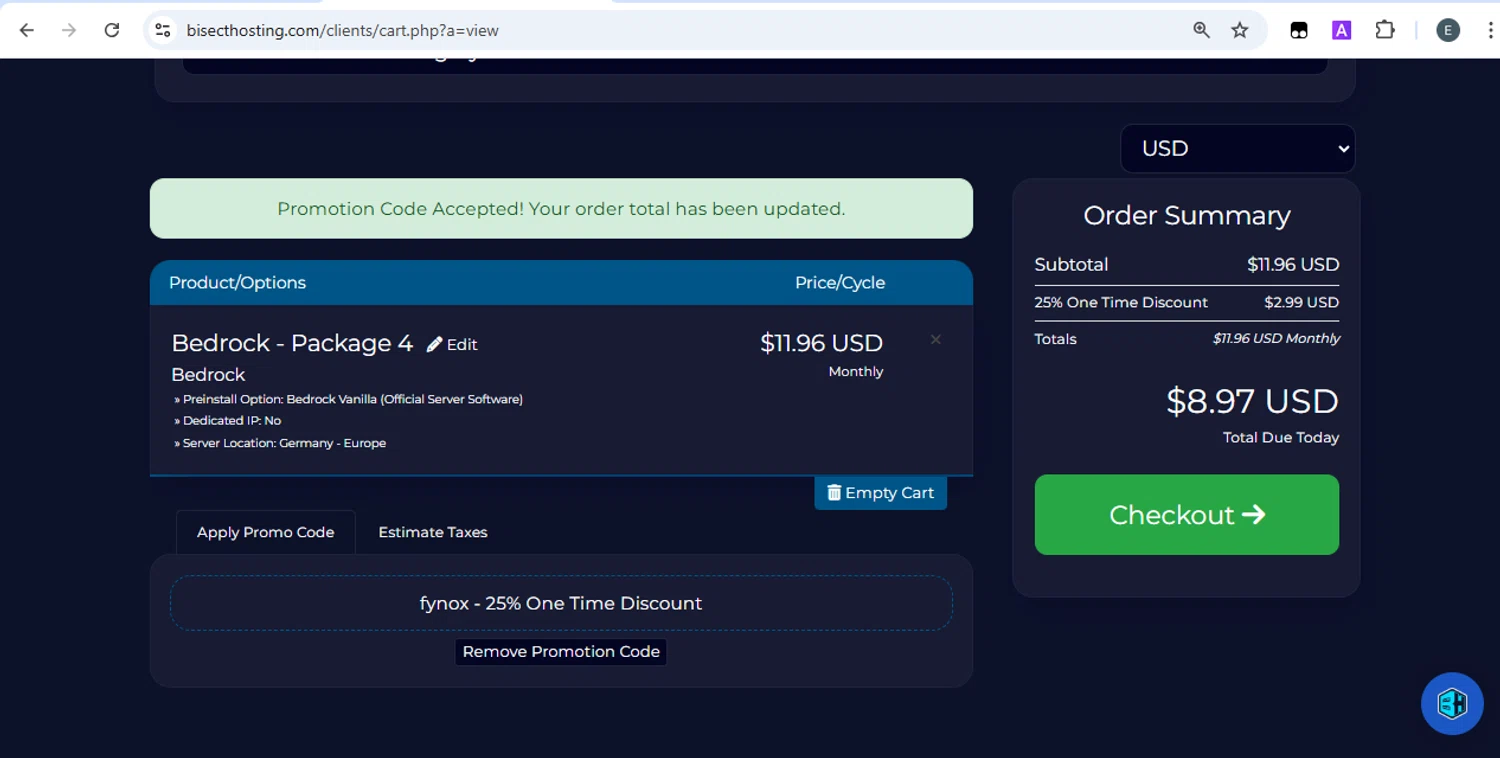 BisectHosting promo code screenshot showing code fynox applied at BisectHosting checkout page. Uploaded by SimplyCodes community member SilverKnight4465 on Apr 26, 2025