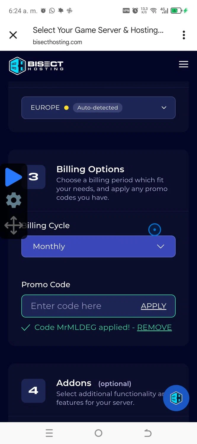 BisectHosting checkout page showing BisectHosting promo code box | Screenshot taken by SimplyCodes community member on Feb 2, 2026