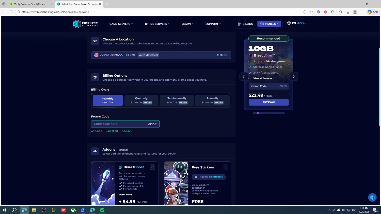 BisectHosting promo code screenshot showing code FTB applied at BisectHosting checkout page. Uploaded by SimplyCodes community member fjkdjkldsf on Dec 5, 2025