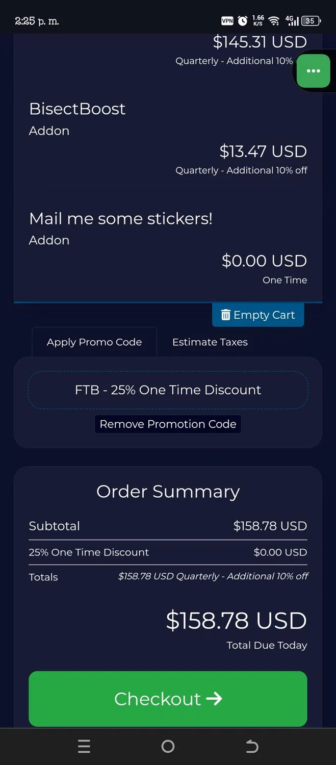 BisectHosting promo code screenshot showing code FTB applied at BisectHosting checkout page. Uploaded by SimplyCodes community member VillaloboY on Nov 6, 2025