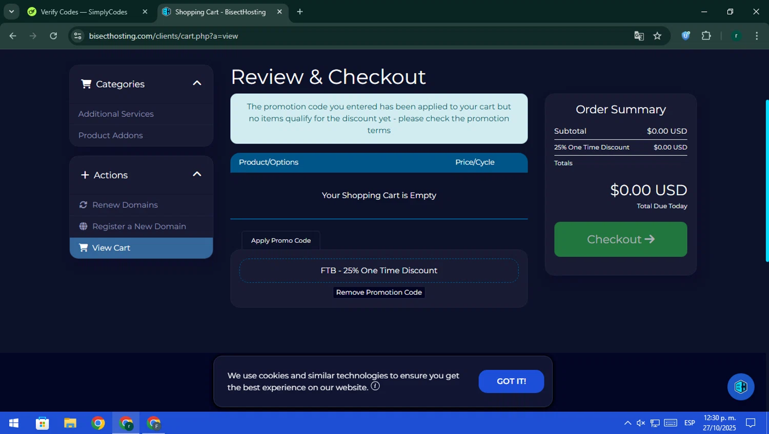 BisectHosting promo code screenshot showing code FTB applied at BisectHosting checkout page. Uploaded by SimplyCodes community member rodri1 on Oct 27, 2025