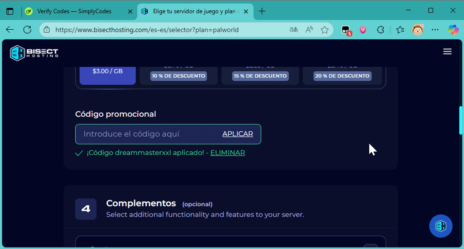 BisectHosting promo code screenshot showing code DREAMMASTERXXL applied at BisectHosting checkout page. Uploaded by SimplyCodes community member DonutPunks on Nov 19, 2025
