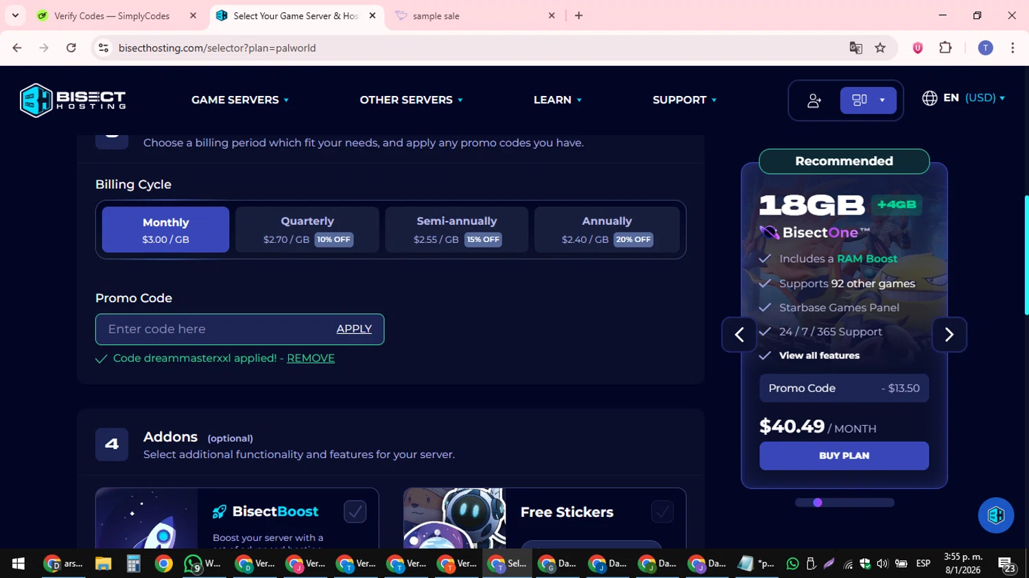 BisectHosting promo code screenshot showing code DREAMMASTERXXL applied at BisectHosting checkout page. Uploaded by SimplyCodes community member snidertom8 on Jan 8, 2026